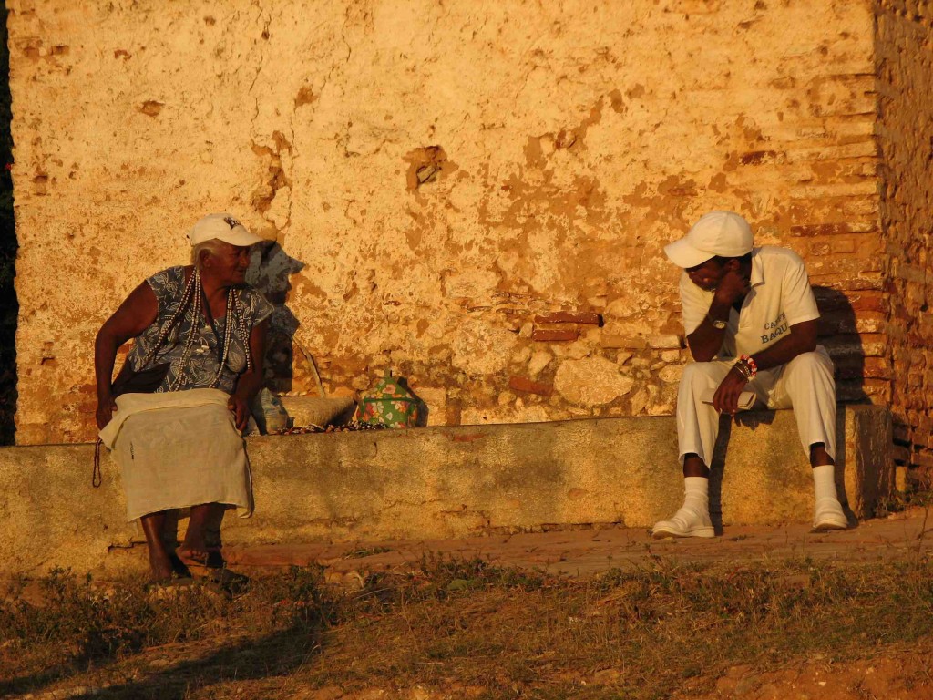 Woman and man conversing 